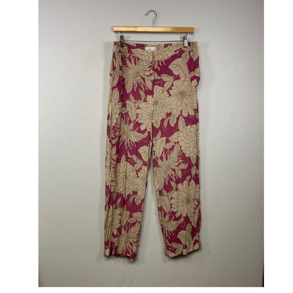 Boho Tropical MNG Mango Womens Size M Pink Beige Floral Wide Leg Viscose Pants